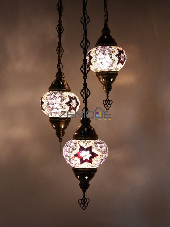 Lampe Turque - Suspension - Lampe Mosaïque - Lampe Marocaine - Lampe Orientale - ZENIQUE - Authentique - Handgemaakt - Lustre - Violet - 3 Ampoules