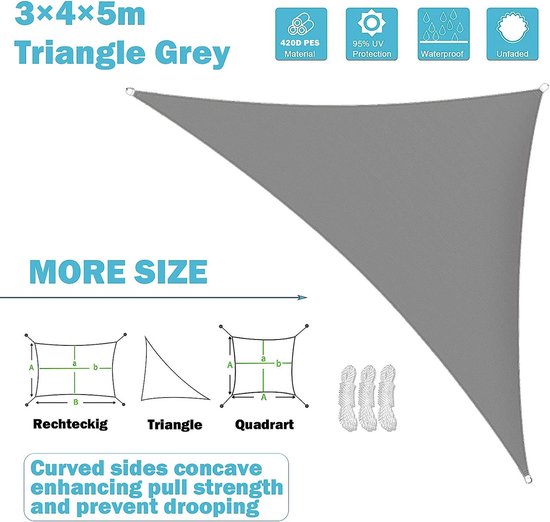 AXT SHADE Schaduwzeil 5x5x5m Driehoek Waterdicht 95% UV-Bestending voor Buiten Luifel Balkon Tuin-Crème