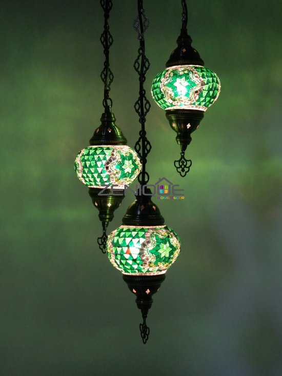 Lampe Turque - Suspension - Lampe Mosaïque - Lampe Marocaine - Lampe Orientale - ZENIQUE - Authentique - Handgemaakt - Lustre - Vert - 3 Ampoules