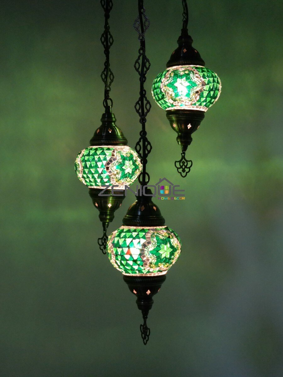 Turkse Lamp - Hanglamp - Mozaïek Lamp - Marokkaanse Lamp - Oosters Lamp - ZENIQUE - Authentiek - Handgemaakt - Kroonluchter - Groen - 3 bollen