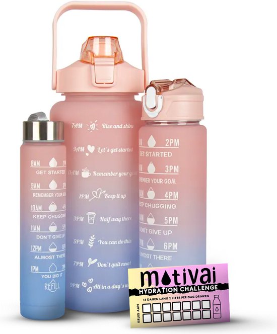 Set 3 en 1 Motivai - Gourde Motivation - Rose/ Blauw - Ensemble de 3 pièces - Gourde - Gourde avec paille - Gourde avec marque de temps - Sans BPA - Adultes - Gourde Enfants - Avec défi d'hydratation Motivai