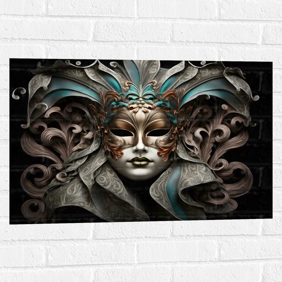 Muursticker - Wit Venetiaanse carnavals Masker met Blauwe en Gouden Details tegen Zwarte Achtergrond - 75x50 cm Foto op Muursticker