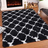 super zacht, langharig, wollig tapijt, voor een comfortabele plek in de woonkamer en slaapkamer, fluffy vloerkleed voor kinderen (zwart raster, 60 x 100 cm)