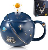 Astronaut mok, zoete koffiemok, porseleinen koffiemok, keramische mok met deksel en lepel, voor koffie, water, thee en melk, grappig cadeau voor verjaardag, Valentijnsdag (donkerblauw)