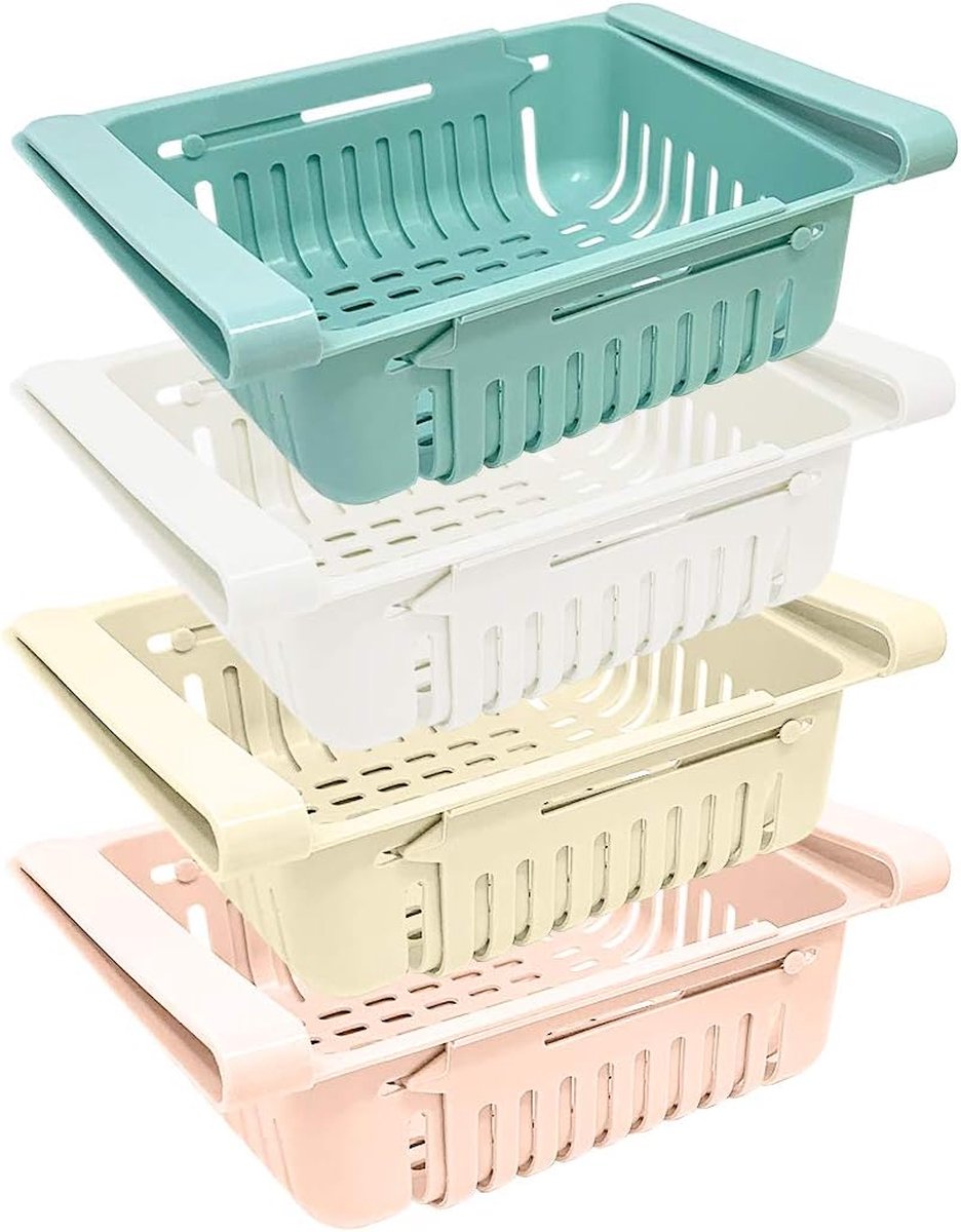 Joeji's Kitchen - koelkast organizer - vershoudbakjes - Set van opbergdozen voor koelkast (4 stuks) - Opbergbox voor keuken en koelkast - Stapelbaar - 4 kleuren (Blauw, wit, roze en beige)