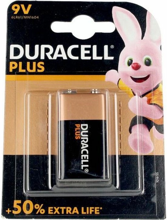 Duracell Plus 9V batterij in blisterverpakking met roze konijn en "+50% Extra Life" tekst.