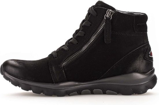 Zwarte Gabor Rollingsoft halfhoge veterschoen met ritssluiting, veters en een rode logo-applicatie.