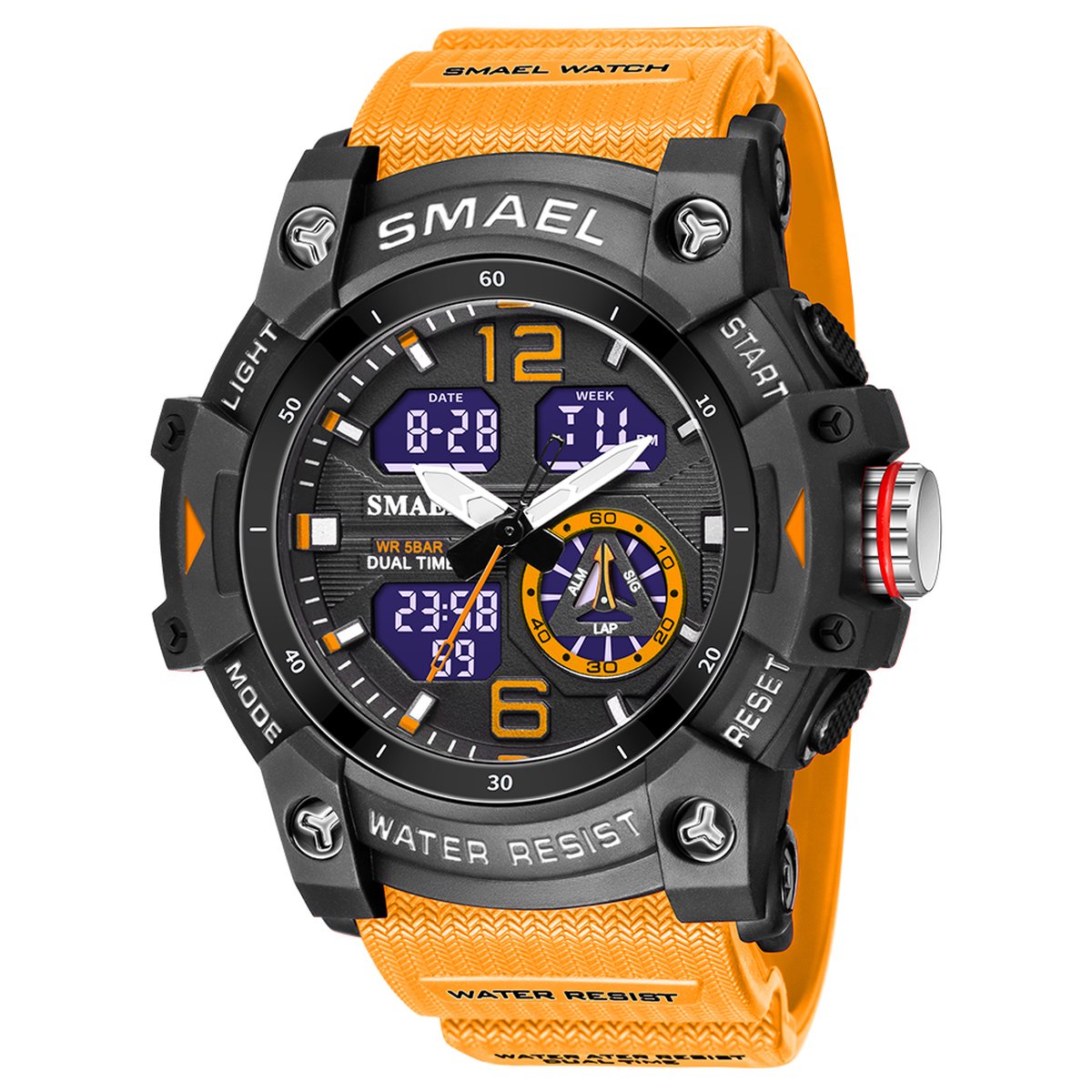 Shockbestendig Heren Horloge Zwart Oranje | Smael | 8007 | Shock | Waterdicht | Glow in dark | Mud Master | Licht | Rubberen band | Timer | Eyecatcher | Mooi Cadeau
