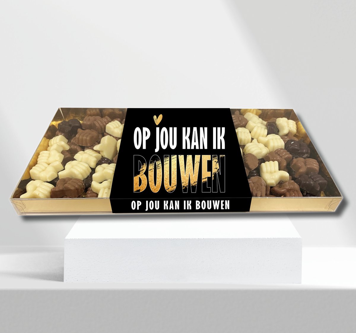 LogoChoc Op jou kan ik bouwen - chocolade duimpjes melk, wit en puur - 1 kilo