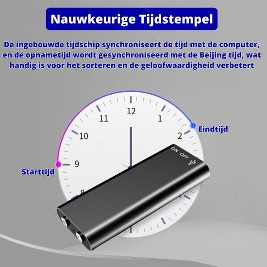 Zwarte dictafoon boven een klok die start- en eindtijd aangeeft, met nauwkeurige tijdstempel.