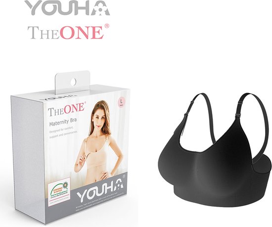 Verpakking en productfoto van de Youha TheONE Maternity Bra. De doos toont een model in een beige bh, de losse bh is zwart.