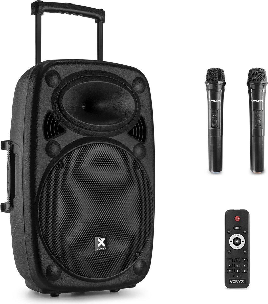 Party speaker Bluetooth - Vonyx Verve46 - 1000 Watt - partybox op accu - 2 draadloze microfoons - zwart