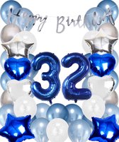 Snoes Ballonnen 32 Jaar Set Mega Blauw Zilver Ballon - Compleet Feestpakket Cijferballon 32 Jaar - Verjaardag Versiering Slinger Happy Birthday – Folieballon – Latex Ballonnen - Helium Ballonnen