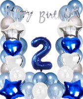 Snoes Ballonnen 2 Jaar Set Mega Blauw Zilver Ballon - Compleet Feestpakket Cijferballon 2 Jaar - Verjaardag Versiering Slinger Happy Birthday – Folieballon – Latex Ballonnen - Helium Ballonnen
