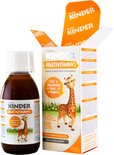 Flesje en open doos Fisher Kinder Multivitaminen met giraffe illustratie, agavesiroop en vitaminen.