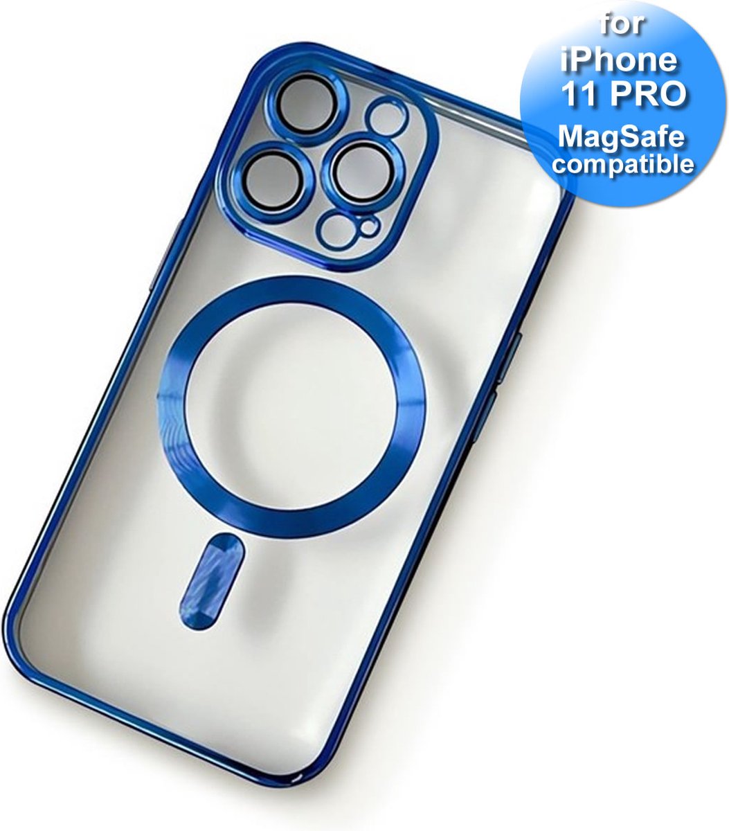 Hoesje geschikt voor iPhone 11 Pro - Met magneetring geschikt voor MagSafe oplader - extra Lens bescherming - Transparant - Donker Blauw
