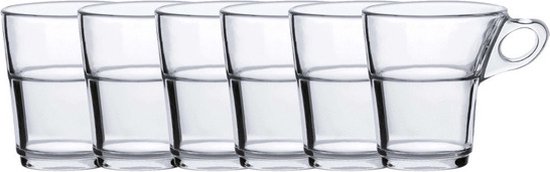 Six verres à expresso Duralex Caprice, transparents, avec anse, empilés.