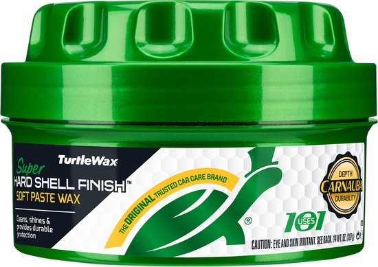 Groene pot Turtle Wax Super Hard Shell Finish zachte pastewax met een geel en groen label, op witte achtergrond.