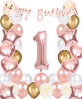 Snoes Ballonnen 1 Jaar Rose Gold White Dots - Compleet Feestpakket met cijfer ballon 1 Jaar - Verjaardag Versiering Slinger Happy Birthday – Folieballon – Latex Ballonnen - Helium Ballonnen - Rose Feestpakket