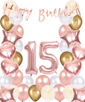 Snoes Ballonnen 15 Jaar Rose Gold White Dots - Compleet Feestpakket met cijfer ballon 15 Jaar - Verjaardag Versiering Slinger Happy Birthday – Folieballon – Latex Ballonnen - Helium Ballonnen - Rose Feestpakket