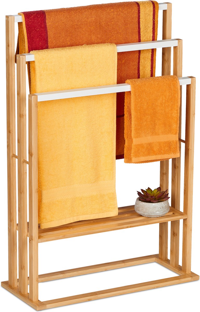 Relaxdays handdoekenrek bamboe - 3 stangen - plankje - handdoekhouder badkamer - staand
