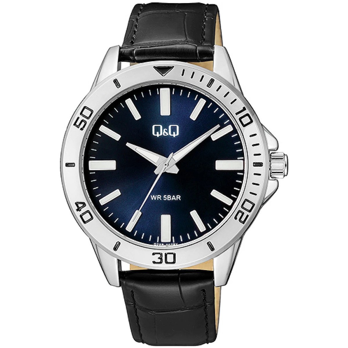 QQ Q28B-007PY - Horloge - Analoog - Heren - Mannen - Leren band - Rond - Metaal - Zwart - Zilverkleurig - DonkerBlauw - 5 ATM