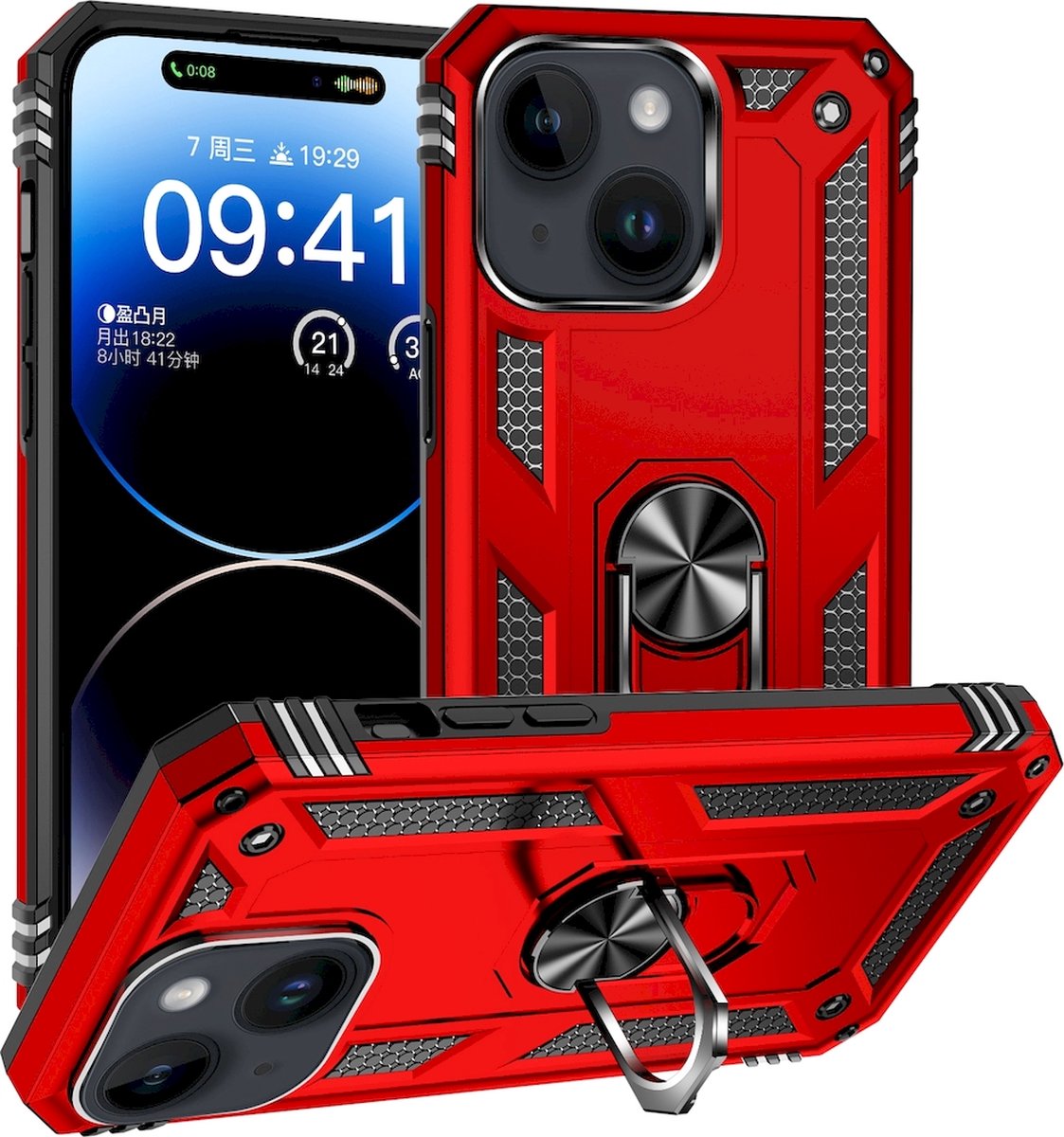 Mobigear Hoesje geschikt voor Apple iPhone 15 Telefoonhoesje Hardcase | Mobigear Armor Ring Backcover Shockproof met Ringhouder | Schokbestendig iPhone 15 Telefoonhoesje | Anti Shock Proof - Rood