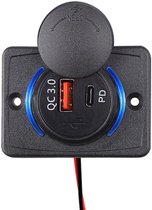 12V USB Autolader 2 Poorten Opbouw - QC3.0 - POUSB-3QC - USB C Stopcontact Auto, Boot en Camper - Blauw