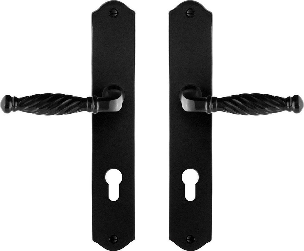 Deurkruk op schild - Smeedijzer zwart - Gietijzer - GPF - GPF6225.60 smeedijzer zwarte Deurklink Tuli op PC72, 238x41x4mm