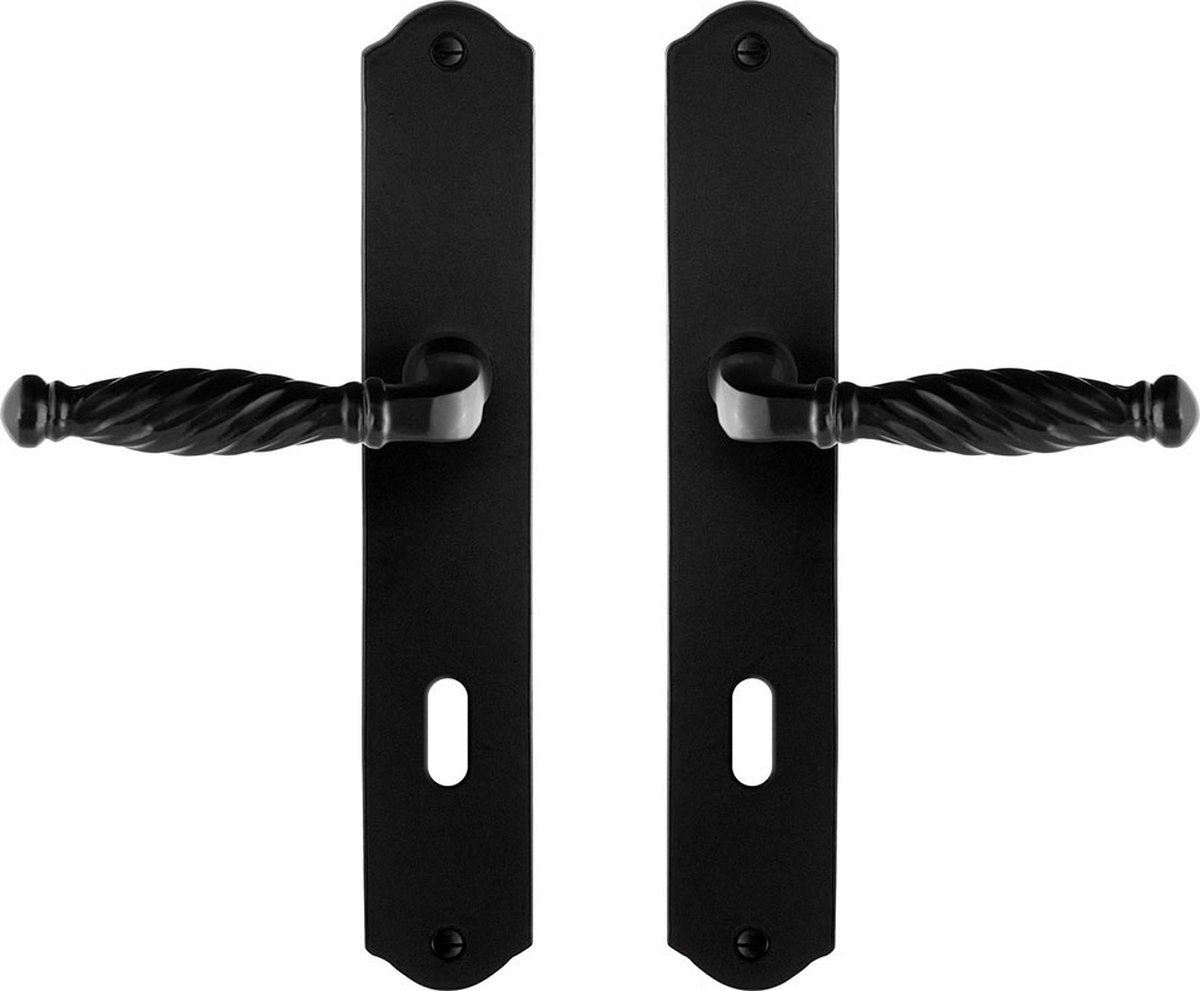 Deurkruk op schild - Smeedijzer zwart - Gietijzer - GPF - GPF6225.60 smeedijzer zwarte Deurklink Tuli op BB72, 238x41x4mm