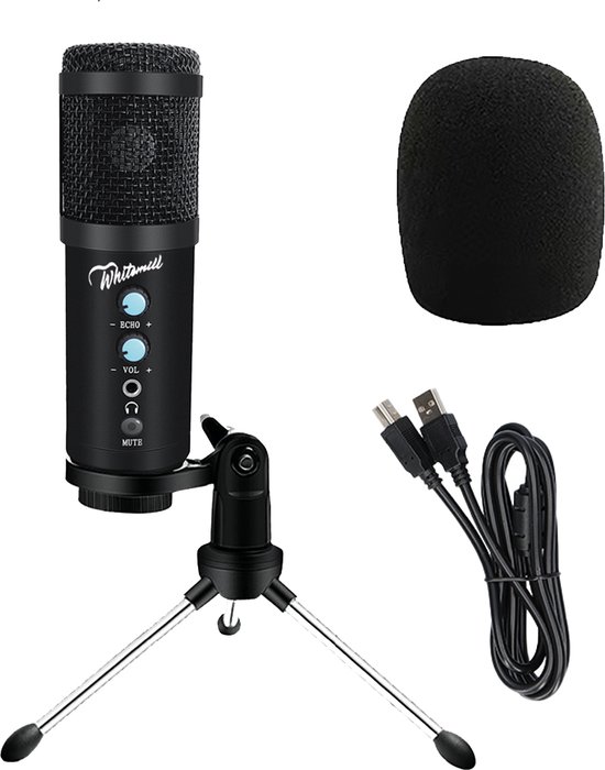 Whitemill Condensator microfoon met Tripod - USB - Gaming - Podcast - PC - Met popkap en ruisfilter - Zwart