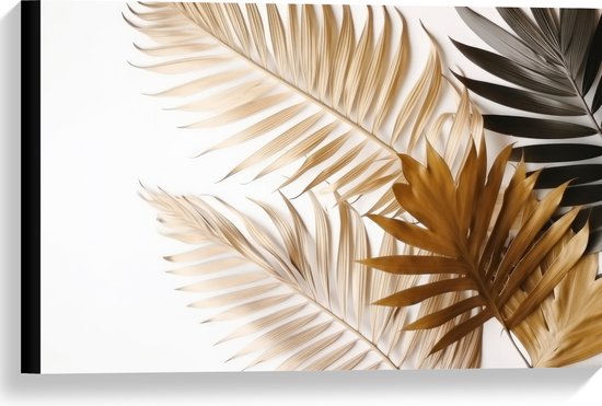 Canvas - Tropische Bladeren in Goudtinten tegen Witte Achtergrond - 60x40 cm Foto op Canvas Schilderij (Wanddecoratie op Canvas)
