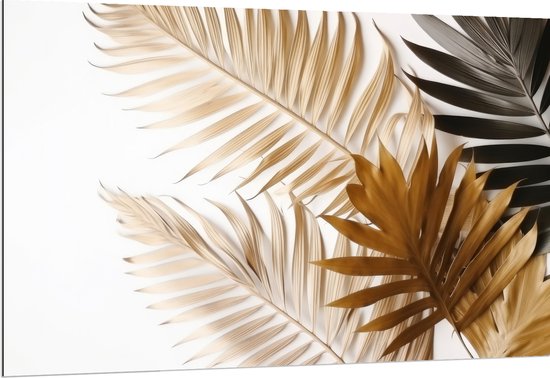 Dibond - Tropische Bladeren in Goudtinten tegen Witte Achtergrond - 150x100 cm Foto op Aluminium (Wanddecoratie van metaal)