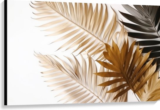 Canvas - Tropische Bladeren in Goudtinten tegen Witte Achtergrond - 120x80 cm Foto op Canvas Schilderij (Wanddecoratie op Canvas)