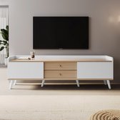 TV-meubel met twee laden-TV-tafel-TV- lowboard laag paneel met twee schuifdeuren Wit en natuurlijke houtkleur-H58/L160/T40 cm