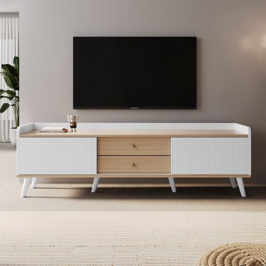 TV-meubel met twee lowboard laag paneel met twee schuifdeuren en houtkleur-H58/L160/T40