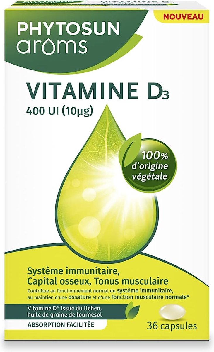 Phytosun Arôms - Vitamine D3 400 UI (10 µg) - formule 100% d'origine végétale - Système immunitaire, capital osseux, tonus musculaire* - 36 capsules