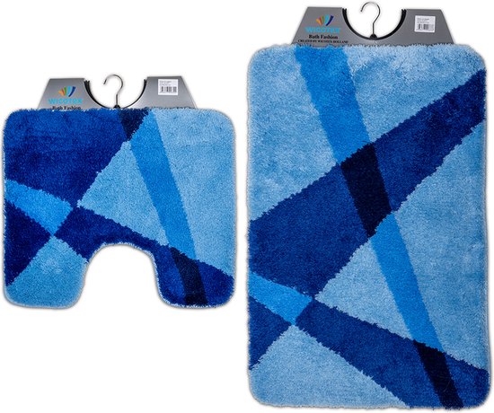 Wicotex- Ensemble de Badmat avec tapis de toilette-tapis WC-avec découpe rayures bleues-fond anti-dérapant