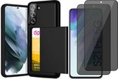 Coque Samsung Galaxy S21 FE avec porte-cartes - 2x protection d'écran de confidentialité FullGuard - coque arrière SlideCase Zwart et protection d'écran