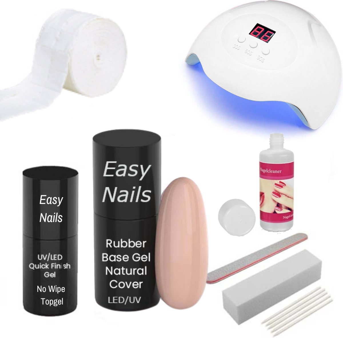 Easy Nails Rubber Base Gellak Starterspakket – Set voor Gelnagels – Natural-Cover – Rubber Base Gel – Inclusief Nagellamp (LED)