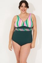 Badpak dames- Grote maten badpakken zwempak bikini VC670- Groen kleurrijk streepmotief- Maat 48