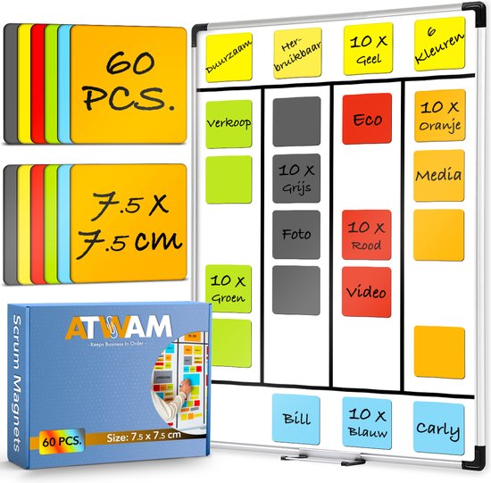 ATWAM Scrum Magneten - Whiteboard magneet - 60 stuks - Herschrijfbare Magneten - Post It Notes – Kanban - 7,5 cm Breed x 7,5 cm Lang - 6 Kleuren - ATWAM
