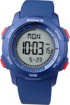 Xonix DAY-004 - Horloge - Digitaal - Unisex - Rond - Siliconen band - ABS - Cijfers - Achtergrondverlichting - Alarm - Start-Stop - 12/24 - Tweede tijdzone - Datumaanduiding - Waterdicht - 10ATM - DonkerBlauw - Rood