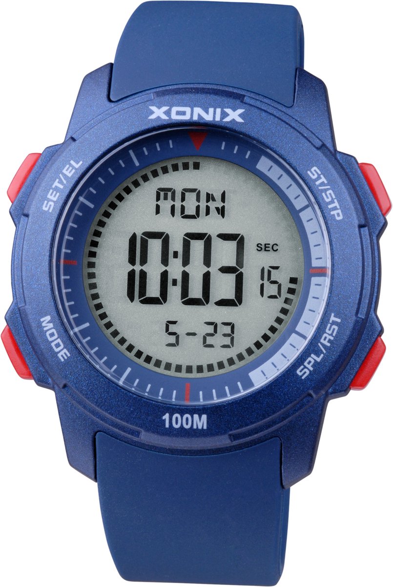 Xonix DAY-004 - Horloge - Digitaal - Unisex - Rond - Siliconen band - ABS - Cijfers - Achtergrondverlichting - Alarm - Start-Stop - 12-24 - Tweede tijdzone - Datumaanduiding - Waterdicht - 10ATM - DonkerBlauw - Rood