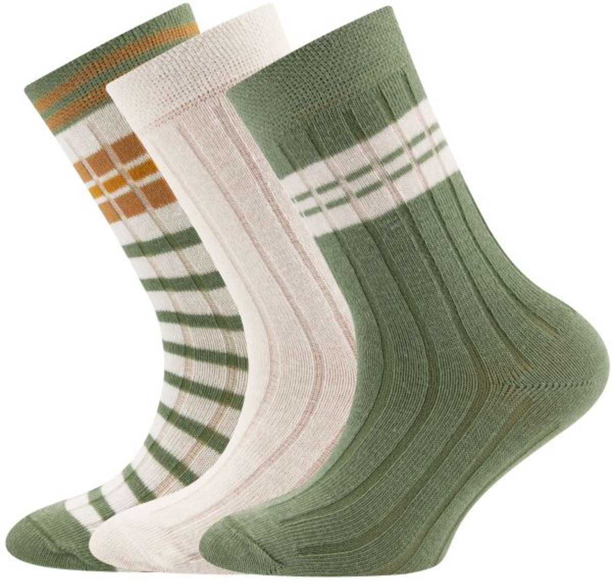 3-Pack Kindersokken Ewers met Ribpatroon - Set van 3 paar - Effen Creme/Beige en Creme met Strepen Groen en Oranjebruin-31/34