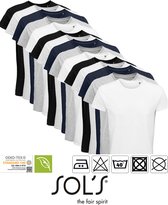 15 Pack Sol's Heren T-Shirt 100% biologisch katoen Ronde hals Zwart, Donker Blauw, Grijs / Lichtgrijs gemeleerd, wit Maat 4XL