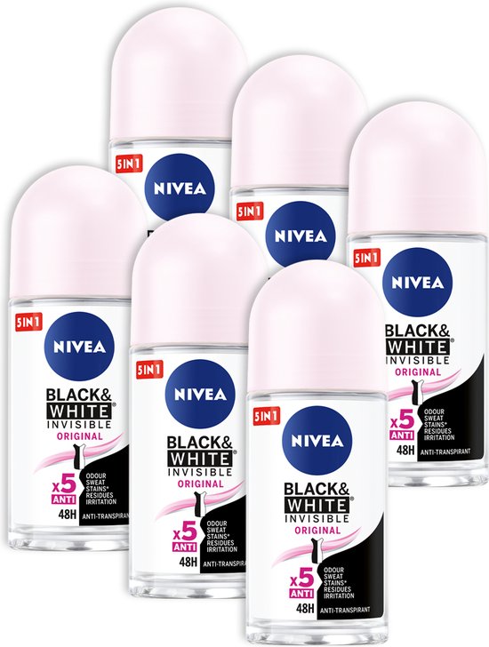 NIVEA Invisible For Black & White Clear Anti-Transpirant Deodorant Roller - Geen witte of gele strepen - Beschermt 48 uur - 6 x 50 ml - Voordeelverpakking - NIVEA