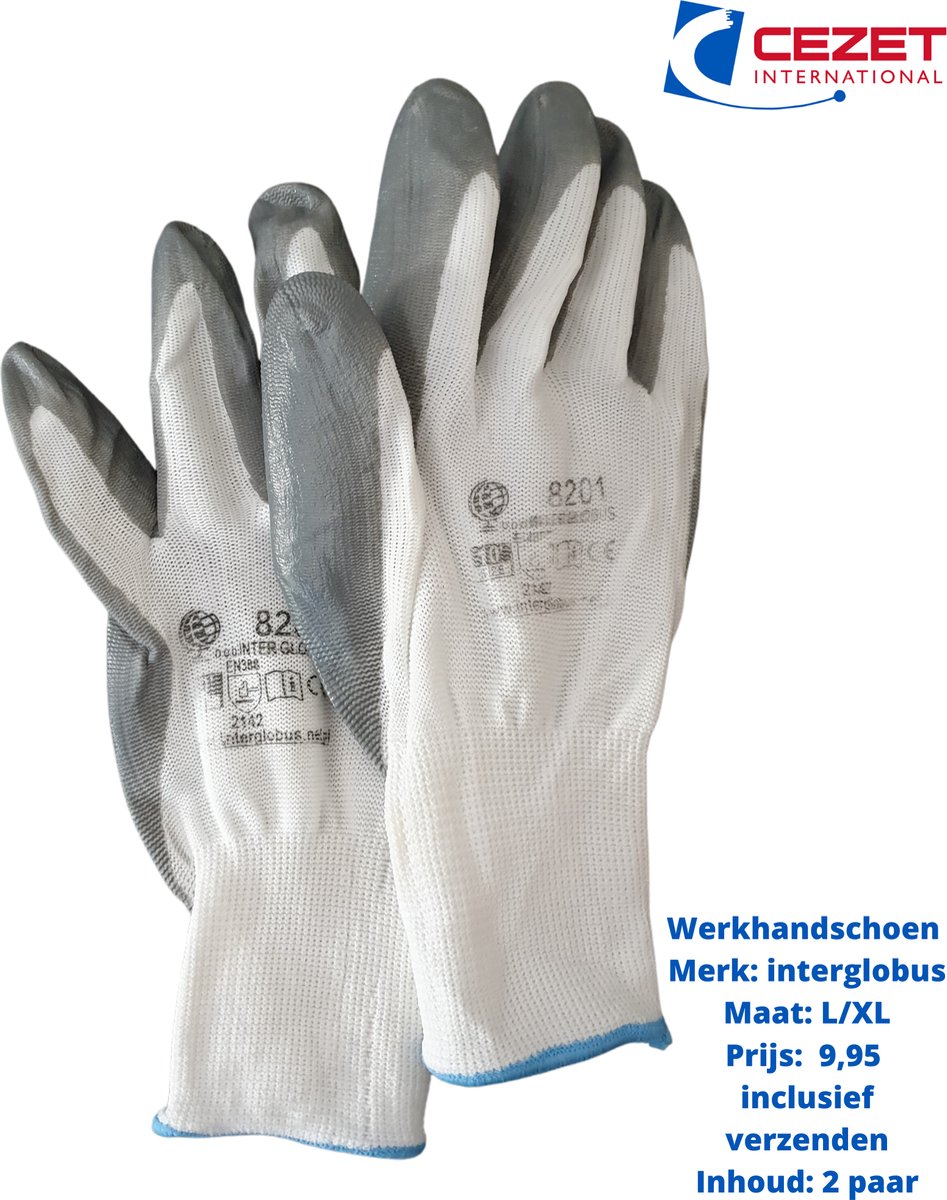 Werkhandschoen - maat L/XL - met nitrile coating - grijs/wit - inhoud: 2 paar- waterdicht - anti slip/grip