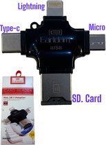 Kaartlezer ET-OT20- Card reader – SD- kaartlezer- Type-C en Lightning conector. TF flash-geheugenkaartlezer voor iPhone – Android USB 2.0 geschikt voor telefoon-PC en tablet kleur zwart.
