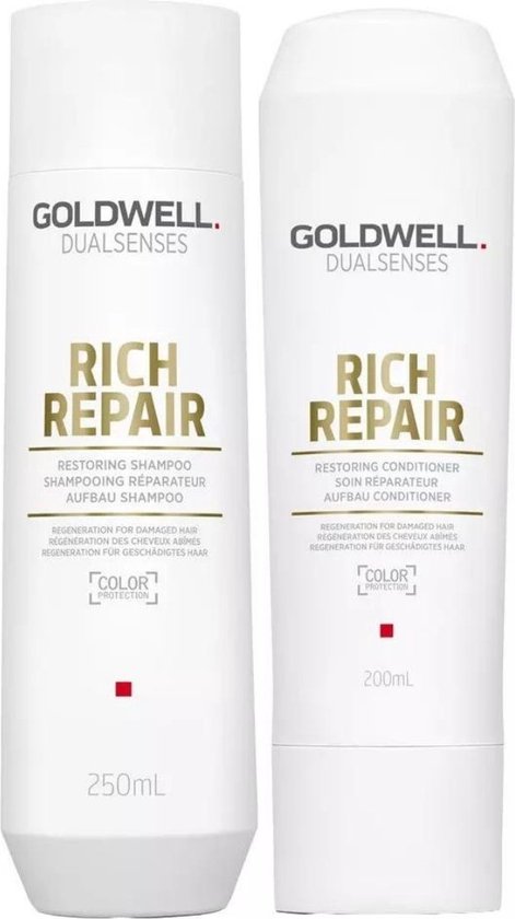 Goldwell Dualsenses Rich Repair set: witte flessen shampoo (250ml) en conditioner (200ml). Regeneratie voor beschadigd haar, met kleurprotectie.